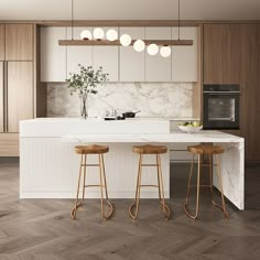 a kitchen with marble counter tops and wooden stools next to an island in the middle