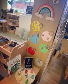 a child's playroom with toys and magnets on the back of it