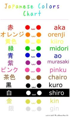 japanese colors chart with the words written in different languages and characters on it's side