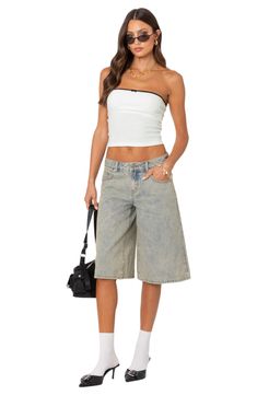 Roomy wide legs lend stylish volume to heavily washed Bermuda shorts that are perfect for your next weekend look. Zip fly with button closure Five-pocket style 100% cotton Machine wash, line dry Imported Casual Cutoff Flare Jeans With Pockets, Versatile Mid-rise Flare Jeans For Summer, Casual Light Wash Wide Leg Jean Shorts, Versatile High Waist Flare Jeans For Summer, High Waist Versatile Flare Jeans For Summer, Summer High Waist Flare Jeans, Versatile Summer Denim Jeans, Wide Leg Light Wash Jean Shorts With Pockets, Light Wash Wide Leg Jean Shorts With Pockets