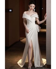 Get 10% off now! Buy elegant off shoulder white formal dress with split at cheap price online. Free stable shipping and pro custom service since 2009. White Off Shoulder Dress With Asymmetrical Neckline For Evening, White Evening Dress With Asymmetrical Neckline For Prom, Elegant Off-shoulder Wedding Dress With Asymmetrical Neckline, Fitted White Off Shoulder Dress For Banquet, Elegant White Off Shoulder Party Dress, Elegant White Gown With Asymmetrical Neckline, Elegant White Off Shoulder Evening Dress, White Asymmetrical Evening Dress For Gala, Elegant White Off Shoulder Dress For Evening