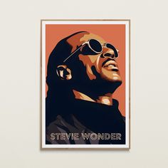 a painting of a man with sunglasses on his head and the words steve wonder above it