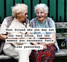 two older women sitting on a wooden bench next to each other with the words, that friend who you may not see very often, but the moment