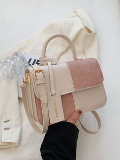 Beige Rectangular Box Bag For School, Trendy Beige Rectangular Satchel, Elegant Rectangular Color Block Bag, Beige Color Block Bag For Daily Use, Beige Color Block Bags For Daily Use, Chic Square Color Block Bags, Chic Rectangular Color Block Shoulder Bag, Chic Beige Color Block Bags, Trendy Color Block Satchel Bag