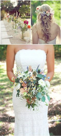 a woman holding a bouquet of flowers in her hands and wearing a white wedding dress