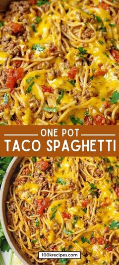 one pot taco spaghetti in a white casserole dish