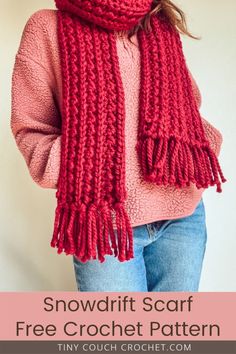 a woman wearing a red scarf with text overlay that reads, snow drift scarf free crochet pattern