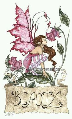 a drawing of a fairy sitting on top of a flower with the word beauty written below it