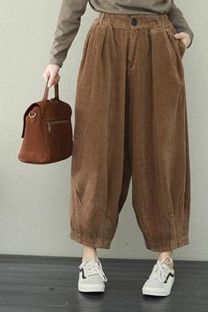 Fabric:                      Fabric has no stretchSeason:                    Spring .FallType:                         PantsColor:                       Coffee .GreenPants Length:          Ankle lengthStyle:      &n Corduroy Pants Women, Spring Coffee, Loose Trousers, Vintage Casual, Roll Up Sleeves, Corduroy Pants, Business Casual, Down Jacket, Harem Pants