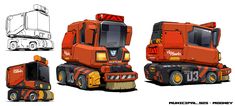 an orange and black truck is shown in three different positions, including the front and back