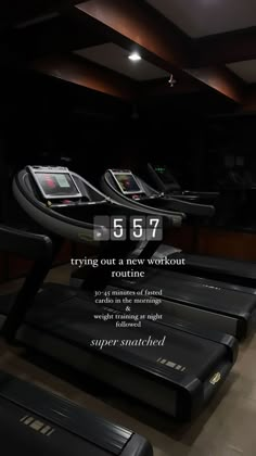 there are treadmills in the gym with text reading 557 trying out a new workout routine