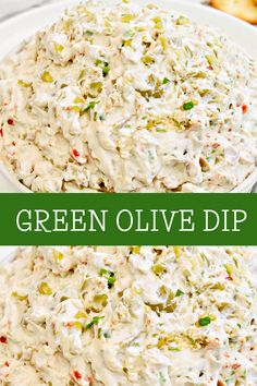 green olive dip in a white bowl with crackers