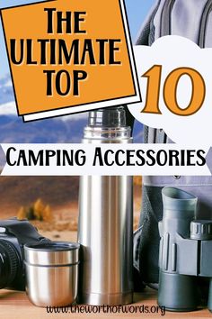 background close up of camping thermos, travel mug, binoculars and camera Camping Accessories Gadgets, Oil Lantern, Camping Supplies, Heat Resistant Glass, Camping Stove, Camping Essentials