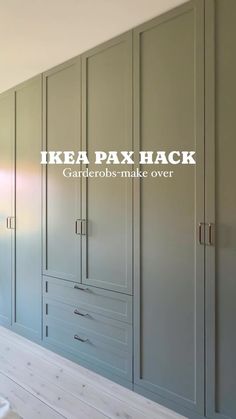 an image of a bedroom with green cabinets and white flooring that says ikea pax hack