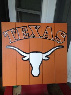 a wooden sign with the word texas painted on it's face and long horns