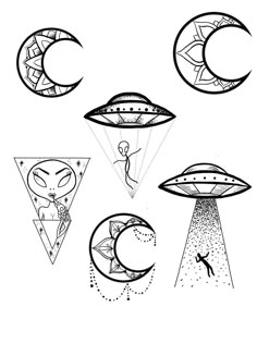 an image of aliens flying over the moon and stars with their faces drawn in black ink