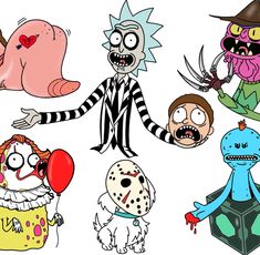 five cartoon characters with different facial expressions and haircuts, all dressed in halloween costumes