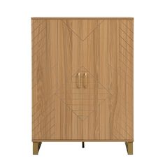 a wooden cabinet with geometric designs on the front and sides, including one door open