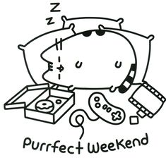 a black and white drawing of a cat sleeping on top of a pillow with the words purffect weekend