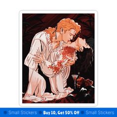 an illustration of a man kissing a woman on the cheek with blood pouring out of his mouth