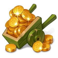 a wooden box filled with gold coins next to a green baseball bat and some golden coins