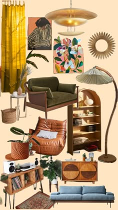 a collage of furniture and decor in shades of yellow