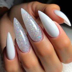 Elevate your nail game with gorgeous acrylic designs! 💅 From classic French tips to bold ombre fades, discover acrylic nail ideas that range from natural and chic to vibrant and daring. Perfect for any occasion, these long-lasting styles will have your nails looking flawless. Get inspired and find your new favorite look! ✨ #AcrylicNails #NailInspo #NailArt Sharp Glitter Nails, Eradesant Nails, Pointy White Nails, White Nails With Designs 2024, French Almond Shaped Nails, Dentist Nails, Stilleto Nail Ideas, Simple Stiletto Nails Designs, White Nails Stiletto