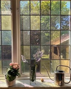 a vase with flowers sitting on a window sill next to a watering can