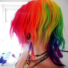 Rainbow hair Rainbow Wolfcut, Hair Dye Rainbow, Scene Rainbow Hair, Rainbow Hair Aesthetic, Rainbow Ponytail, Rainbow Hair Ideas, Short Rainbow Hair, Rainbow Hair Color