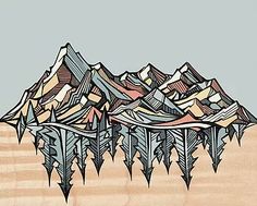 a drawing of mountains with trees on them