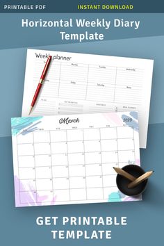 the printable horizontal weekly planner is on top of a desk with a pen and pencil