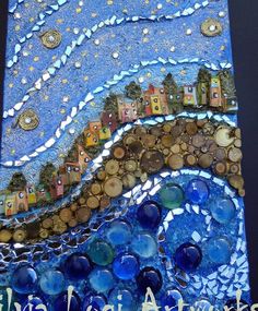 this is an image of a painting made with glass beads and wood slices in the shape of a wave