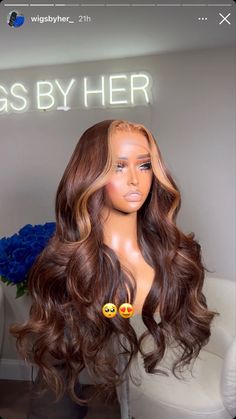 Wig Color Ideas Light Skin, Chocolate Brown Hair With Highlights Wig, Chocolate Brown Hair With Blonde Skunk Stripe, Chocolate Brown Wig With Highlights, Sew In Hairstyles With Closure Body Wave, Fall Wig Hairstyles, Birthday Wig Color Ideas, Brown And Blonde Sew In, Brown Wig Hairstyles Black Women