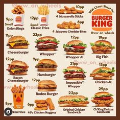 the burger king menu with different types of hamburgers and fries