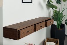 a wooden shelf with two drawers on it next to a potted plant and other items