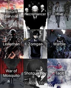 some anime characters with their names in different languages and pictures on the same page to describe them