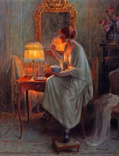 a painting of a woman sitting at a table in front of a mirror with a lamp on it