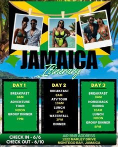 the jamaica beach party flyer is shown in green and yellow with three photos on it