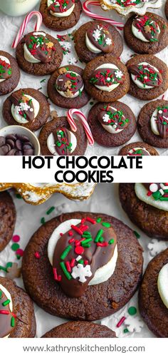 chocolate cookies with white frosting and sprinkles on top are shown in this collage