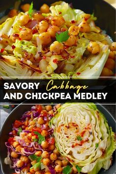 savory cabbage and chickpea medley in a skillet with text overlay