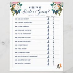 a bridal shower guess game with flowers on the side and text that says guess who bride or groom?