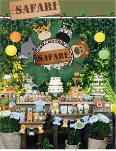 safari baby shower party decorations and dessert table