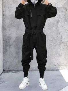 Function Multi Pockets Hooded Cargo Jumpsuit - Anagoc Jumpsuit Outfit Men, Black Stylish Outfits, Casual Techwear, Hooded Jumpsuit, Cargo Jumpsuit, Cyberpunk Clothes, Pocket Jumpsuit, Jumpsuit Men, Jumpsuit Outfit