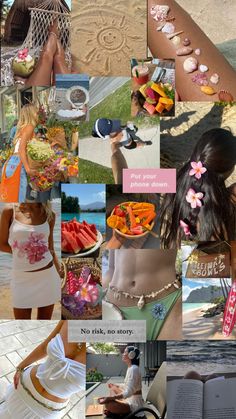 the collage shows many different pictures with words on them, including an open book and a woman in a bathing suit