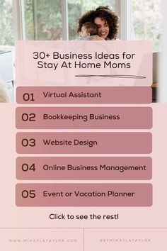 a woman is sitting in bed with her laptop and the text 30 business ideas for stay at home moms