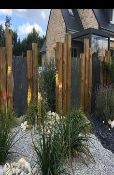 a garden with rocks and plants in front of a house