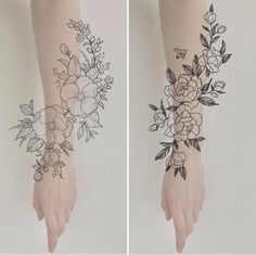 two images show the same tattoo on both hands, one with flowers and leaves in it