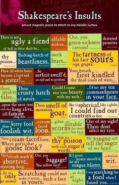 shakespeare's insuits poster with words in different colors and phrases on it