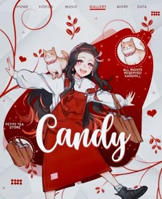 a girl in a red dress is holding two cats and the words candy are above her