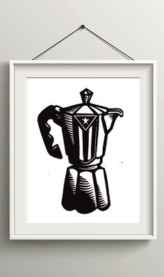 a black and white drawing of an espresso coffee maker hanging on a wall